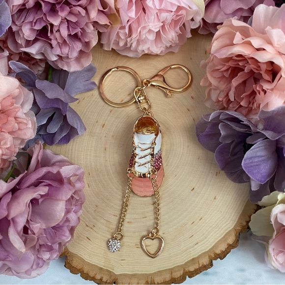 Pink and White Baby Tennis Shoe Crystal Keychain Charm - Picture 3 of 10